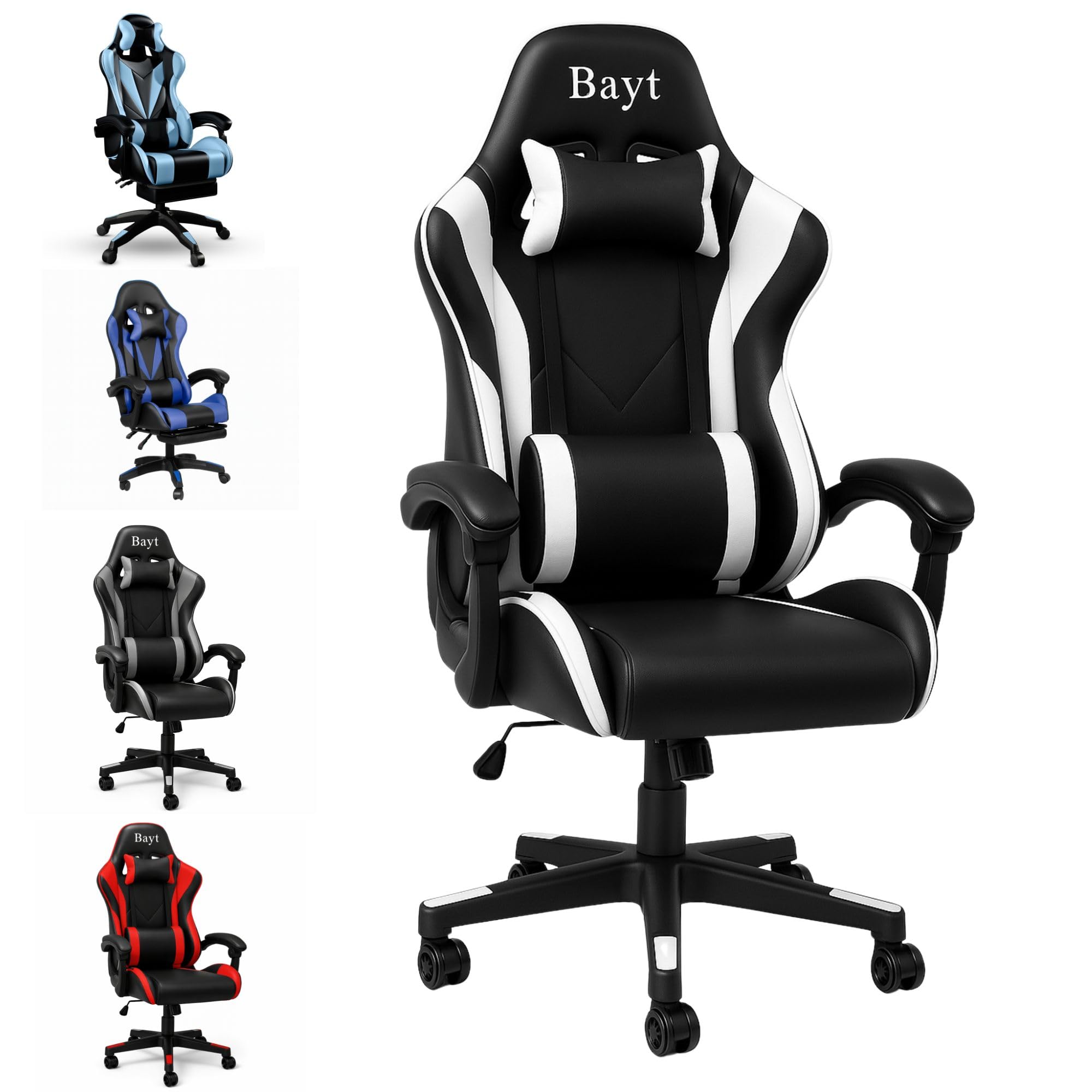 Bayt Sedia Gaming - Sedia Scrivania Ufficio Reclinable in Similpelle, Poltrona PC Racing con Supporto Lombare e Poggiatesta, Altezza Regolabile e Braccioli, Nero/Bianco