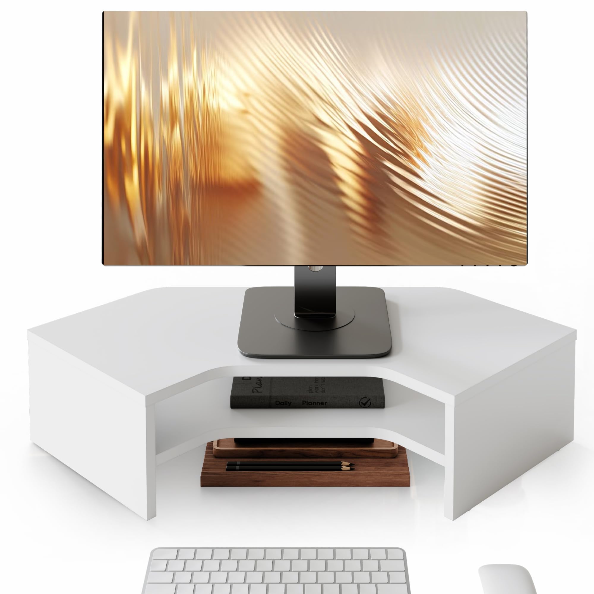 Fenge Supporto per Monitor, Scrivania Rialzo Monitor Angolare in Legno a 2 Livelli, Robusto Supporto per Computer, Supporto per Desktop Multiuso per Laptop, PC, Stampante, Computer (Bianco)