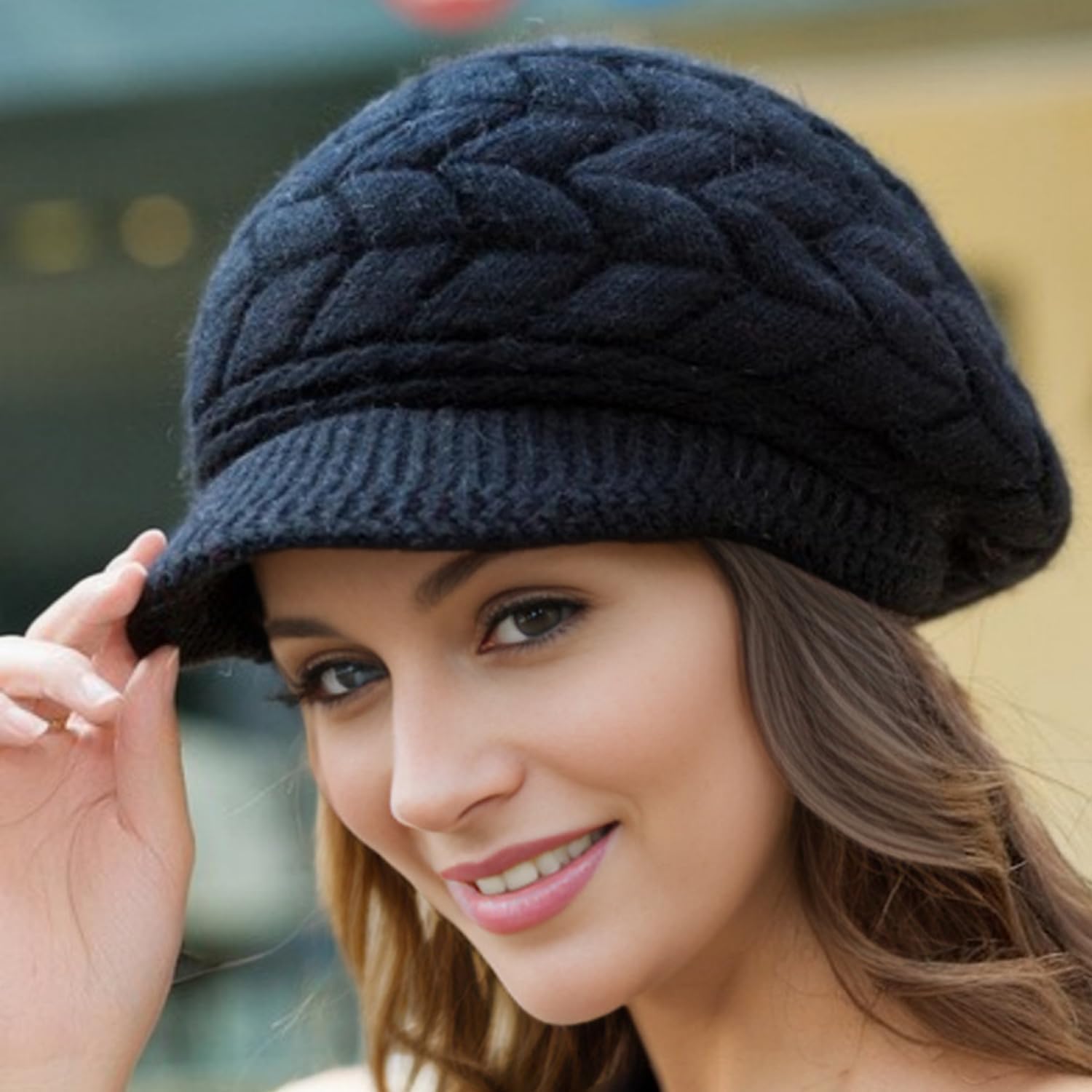 Women’s Winter Knit Hat with Visor Thick Warm Beanie Hat Plush Lined Snow Ski Outdoor Cap Crochet Newsboy Cap (Beige) - Image 6