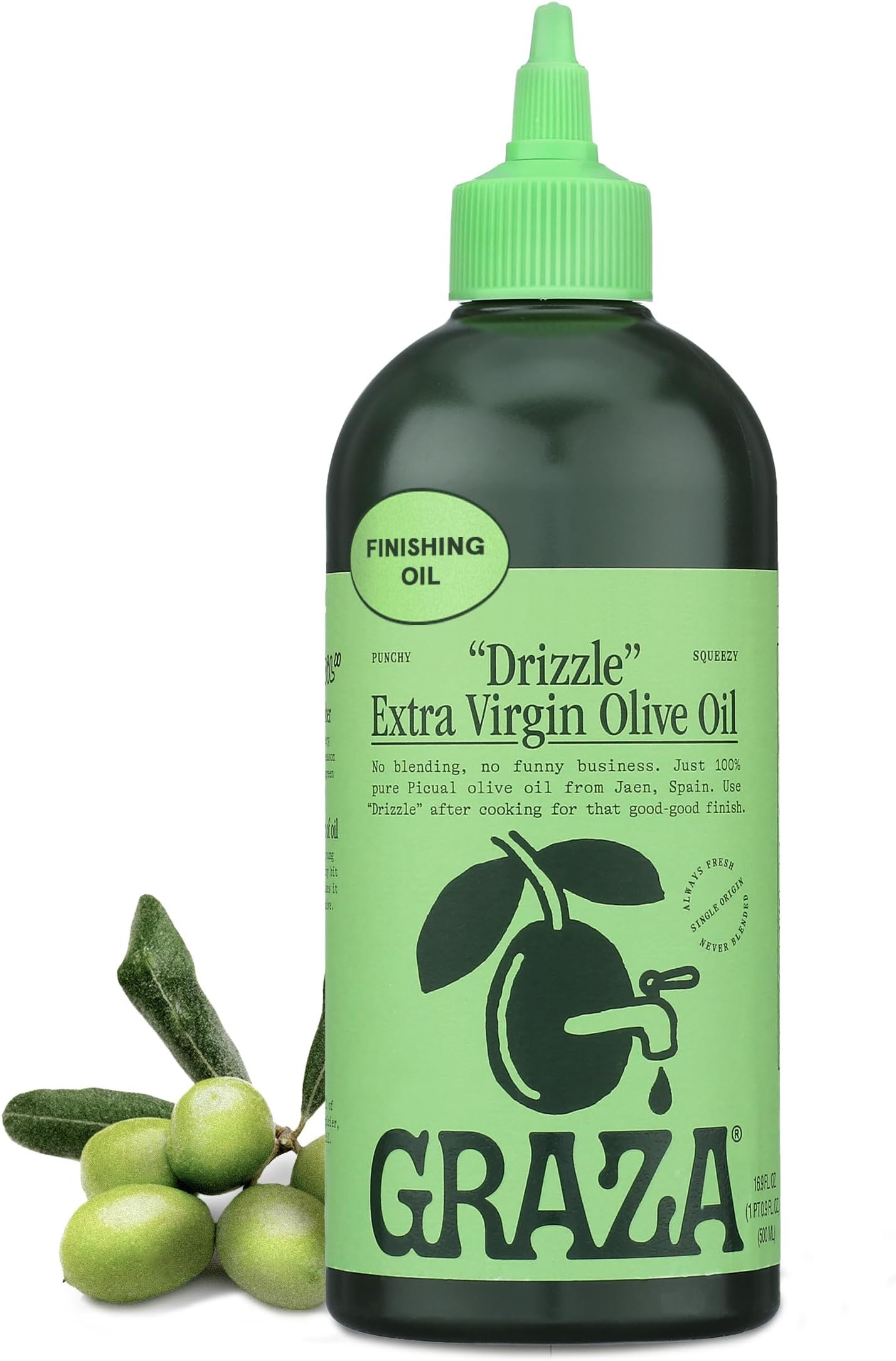 Graza Drizzle Extra Virgin Olive Oil. Early Harvest Finishing Oil. Single Farm Spanish EVOO. 16.9 FZ (500 ML) Squeeze Bottle