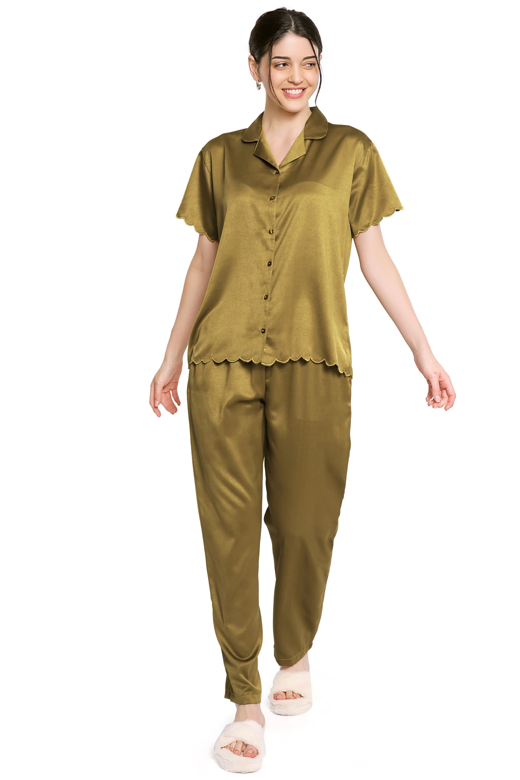 zeyo Night Suit for Women's Solid Satin Night Dress of Shirt and Pajama Set 5865-picture-27