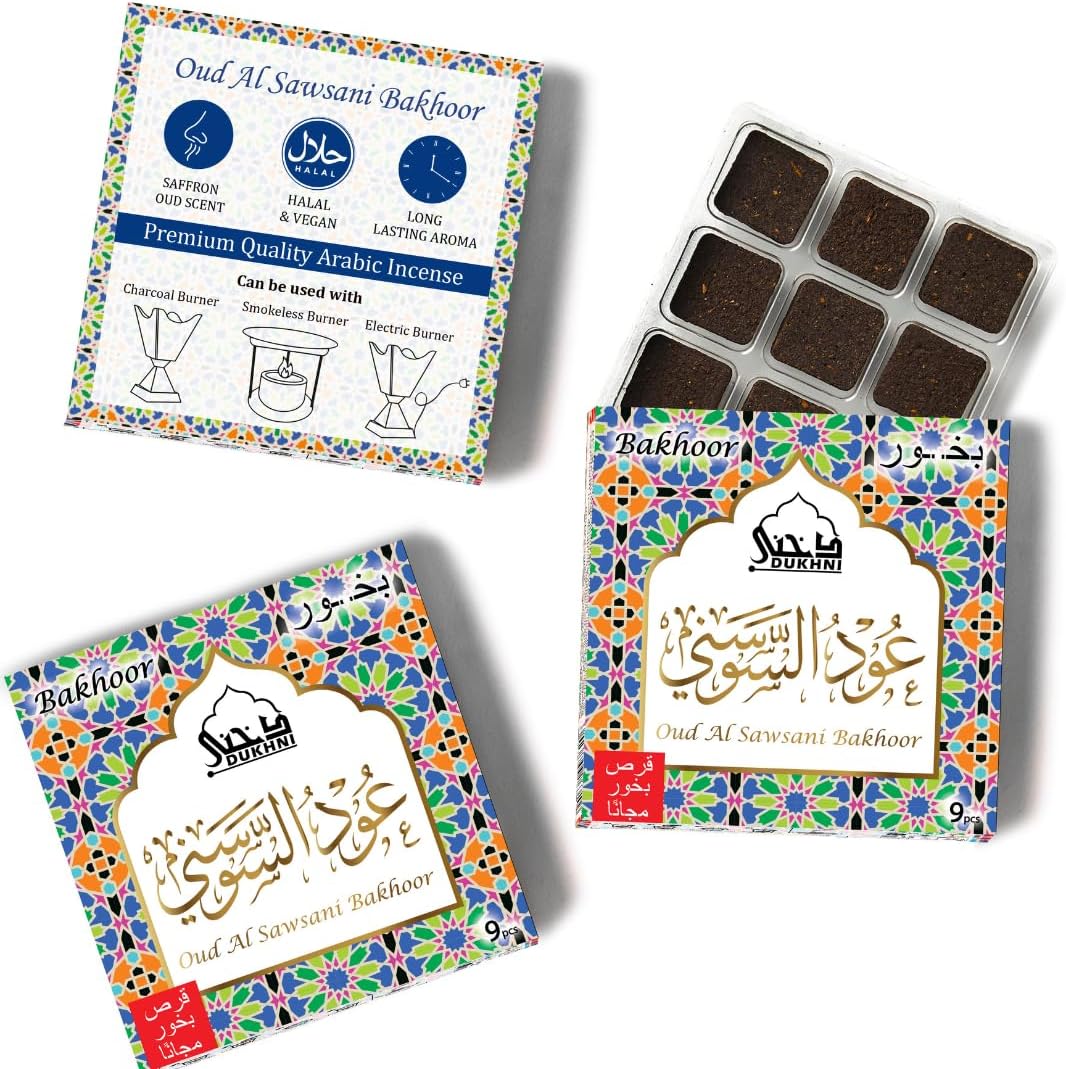 Oud Al Sawsani Bakhoor Incense by Dukhni | 3x9 pc Saffron Arabic Incense | Bakhoor Incense for Prayer, to Relax & Meditate | Islamic Gifts | Can be Used on Charcoal, Candle & Electric Bakhoor Burner