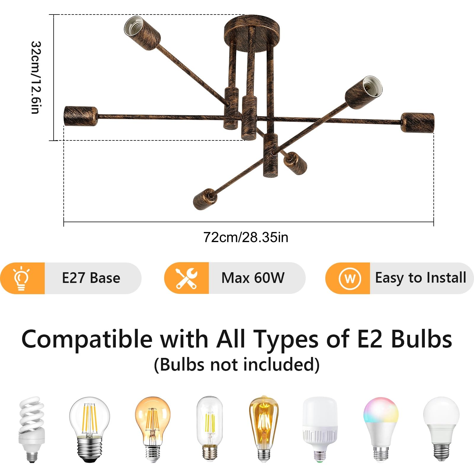 Comely Vintage Sputnik Chandelier Ceiling Light, 6 Lights Semi Flush Mount Ceiling Lamp - Image 3