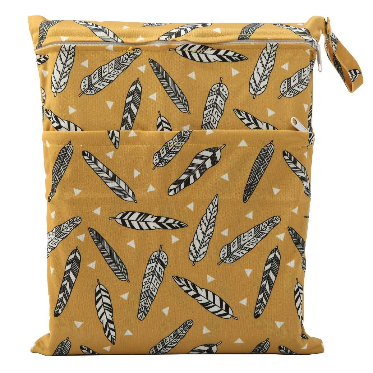 Sigzagor Medium Wet Dry Bag Baby Cloth Diaper Nappy Insert Bag Reusable Washable with Two Zippered Pockets (Gold Feather)