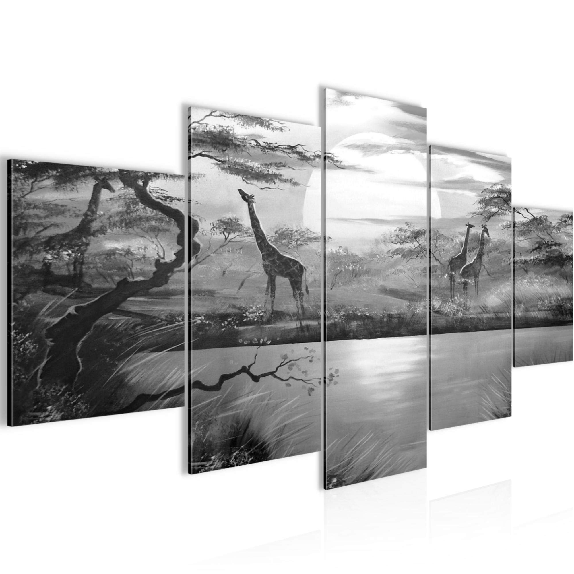 Cuadro Lienzo 5 Piezas Runa Art África Jirafa Al Atardecer - Decoración Beige Para Dormitorio O Pasillo - 000153a