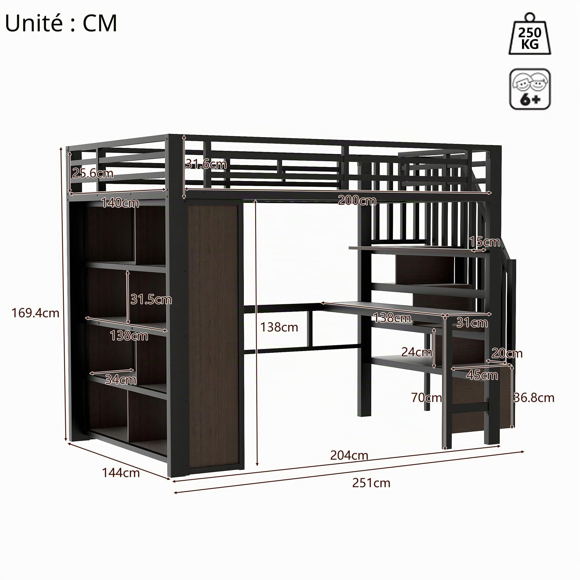 Lit Mezzanine 140x200 cm, avec Bureau, Étagères de Rangement, Escalier avec espace de rangement – Structure en Métal et Panneaux MDF – Gain de Place pour Chambre d'Enfant, Ado ou Étudiant, Noir