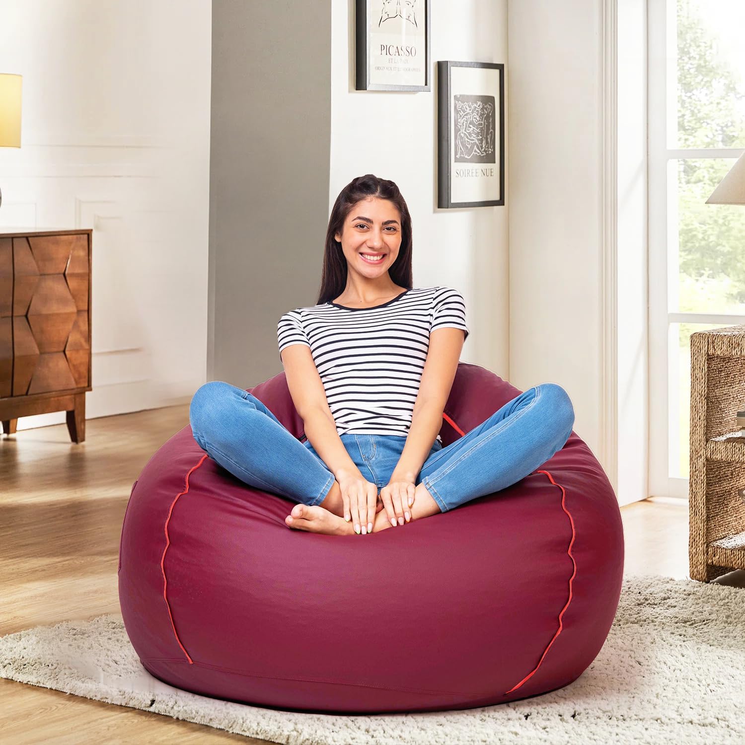 Amazon Brand Solimo Premium Faux Leather Bean Bag, Filled with Beans | Capacity: Upto 6 Ft 3 In Height, 120 KG Weight | 3XL | Maroon with Pink Piping