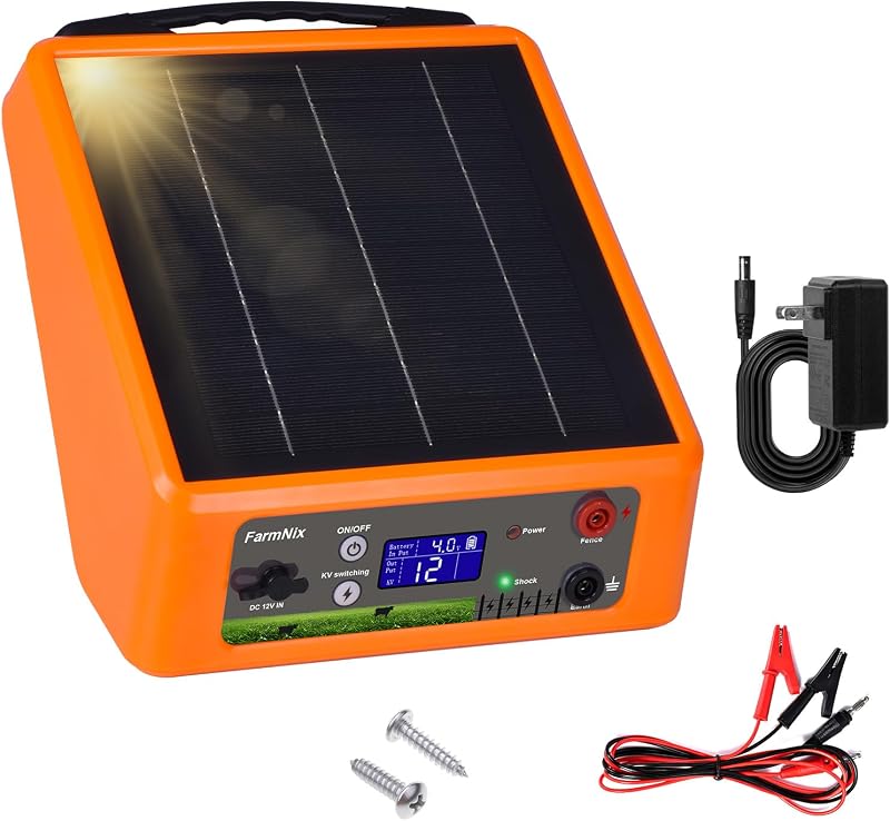 20miles Solar-Powered Electric Fence Charger, Adjustable Output Voltage:6/8/10/12kV, 2J Portable Solar Fence Charger Supports Battery/Solar/AC Power Ideal for Livestock/Garden/Orchard/Farm Protection