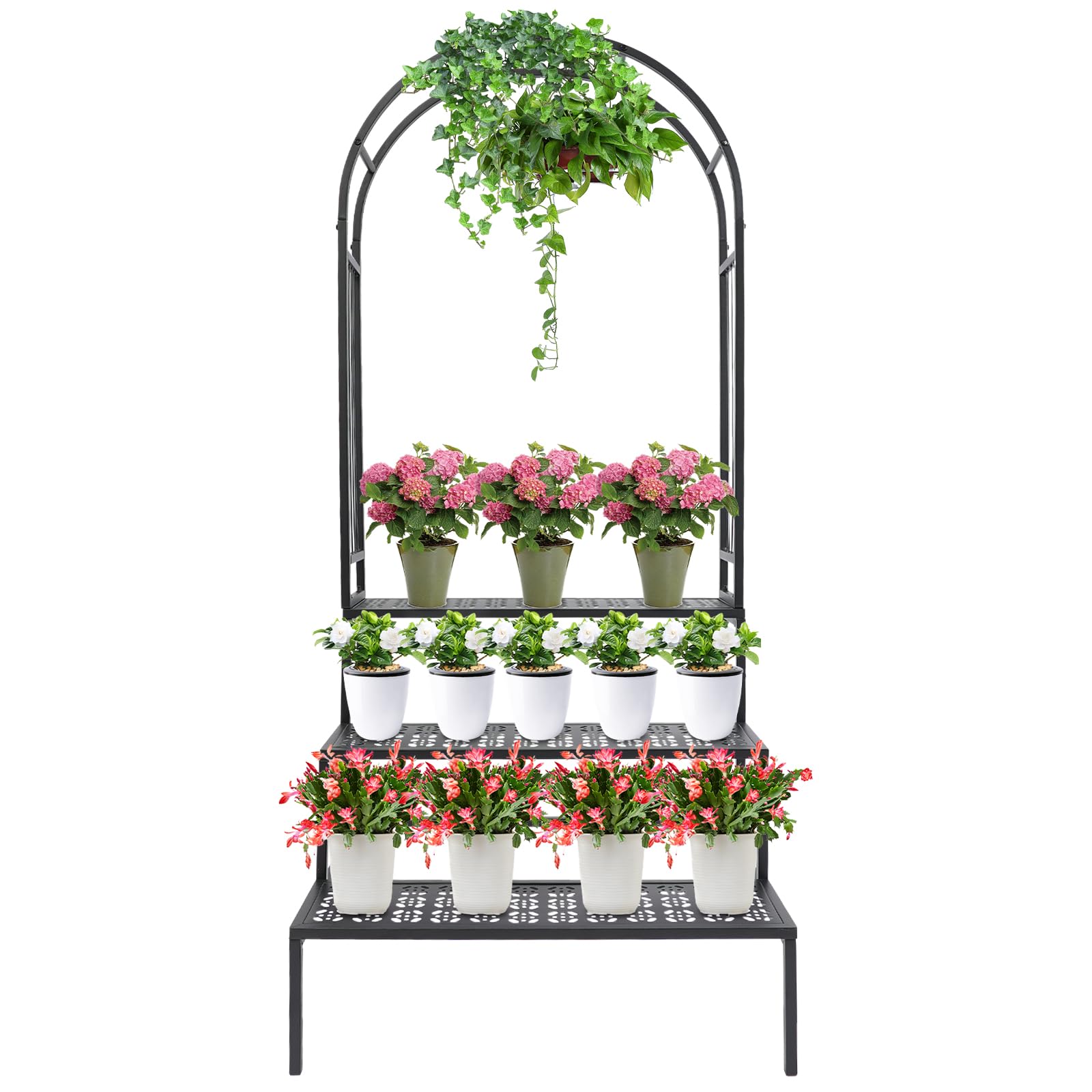 Blumenregal 3 Etagen Pflanzenregal mit Rankbogen Metall Blumenständer 165cm großes Pflanzenständer Pflanzgefäßhalter Pflanzentreppe für Indoor Outdoor Balkon Garten