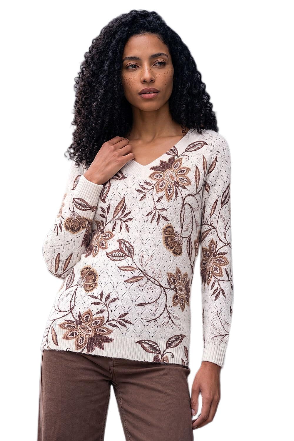 Roman - Women's Jumper - Floral Print V-Neck Knit - Ivory - Size 12