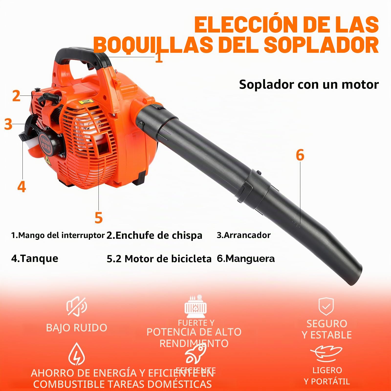 Soplador de hojas de gasolina, 26cc 7500r/min Portátil Soplador de hojas de gasolina, Motor de 2 tiempos, De mano, Ligero, Potente, Disipación rápida de calor Soplador de hojas de aire para jardín