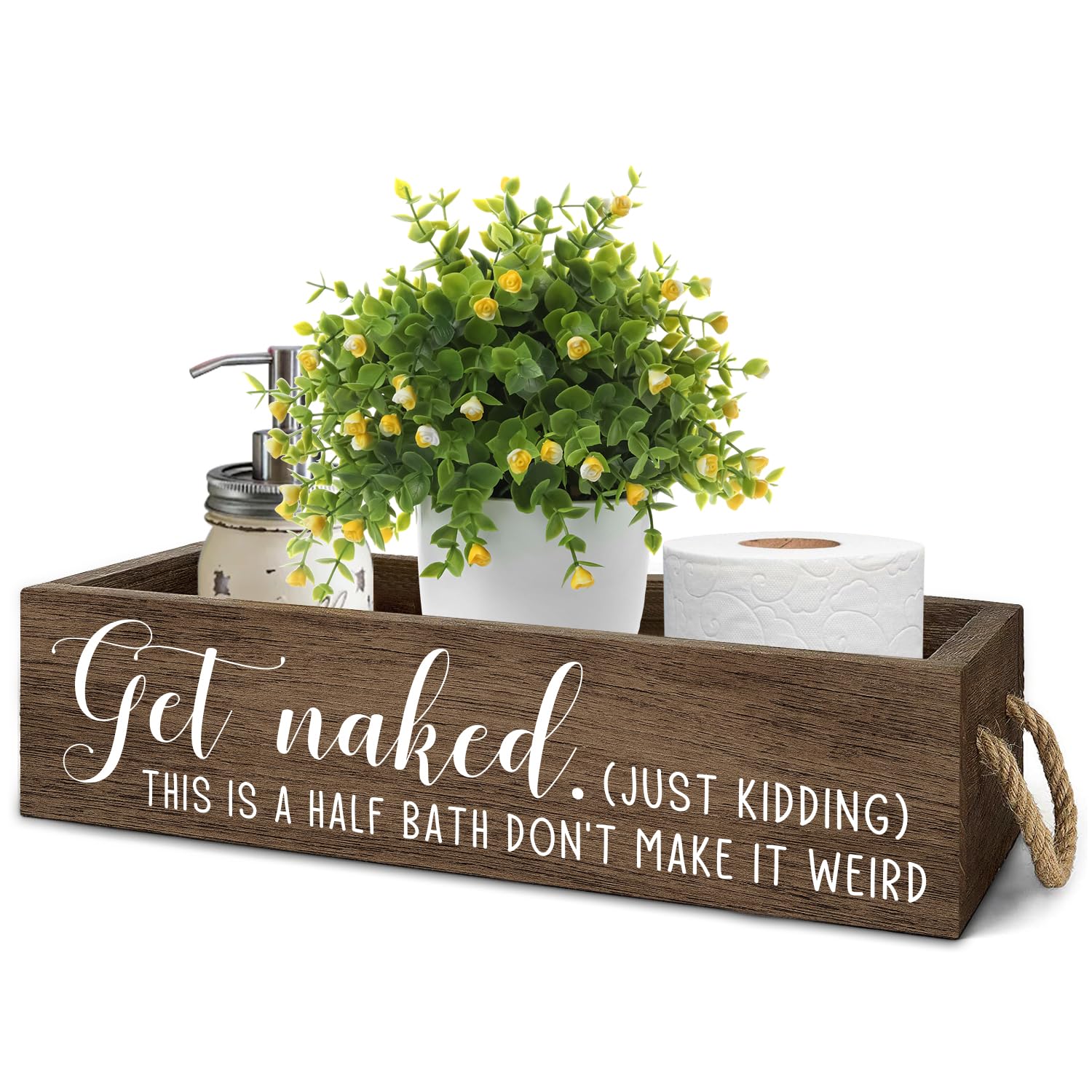 Cesta de almacenamiento de papel higiénico para baño, divertido letrero rústico blanco de doble cara con mango de cuerda, decoraci