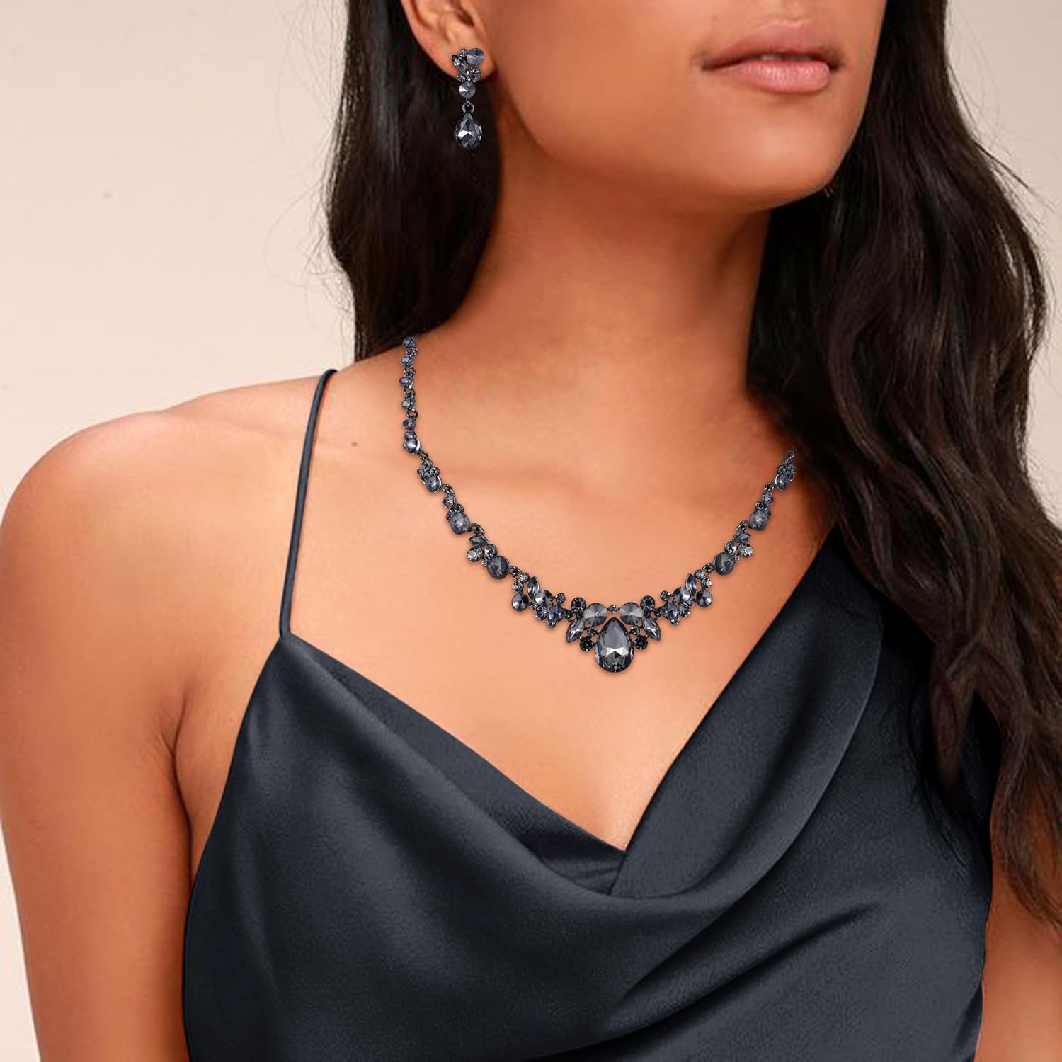 EVER FAITH Rhinestone Crystal Elegant Bridal Floral Teardrop Necklace Earrings Set - Image 2