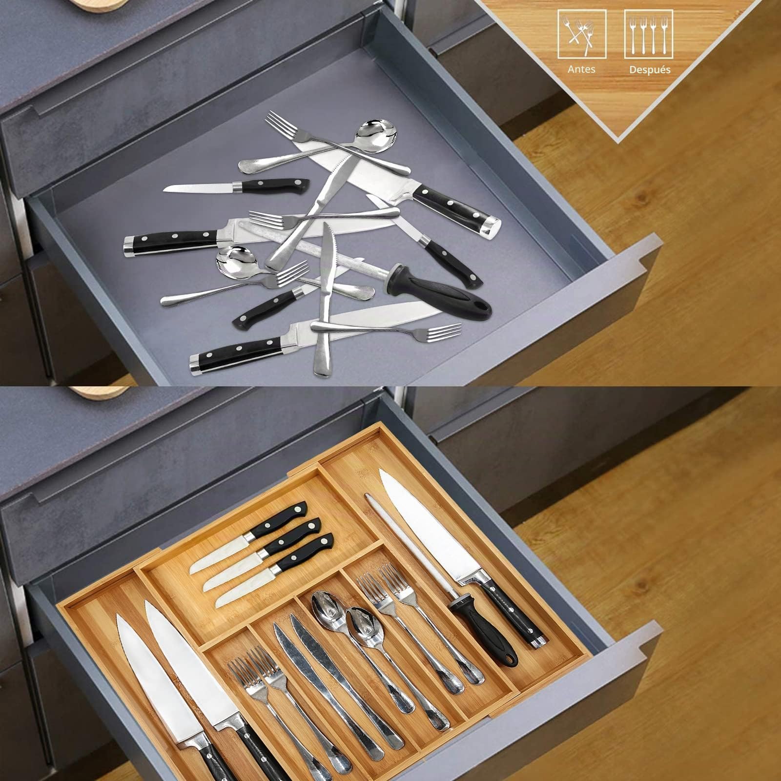 VaeFae Organizador de Cubiertos de bambú, Bandeja de Cubiertos Extensible para Cajón de Cocina, Organizador de Cajones de Madera para Utensilios de Cocina y Cubiertos (5-7 Compartimentos)