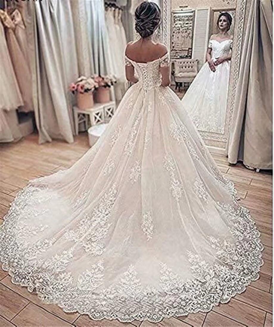 TRHTX Off Shoulder Lace Wedding Dresses for Bride Appliques Bridal Gowns for Women A-line Wedding Gowns with Train