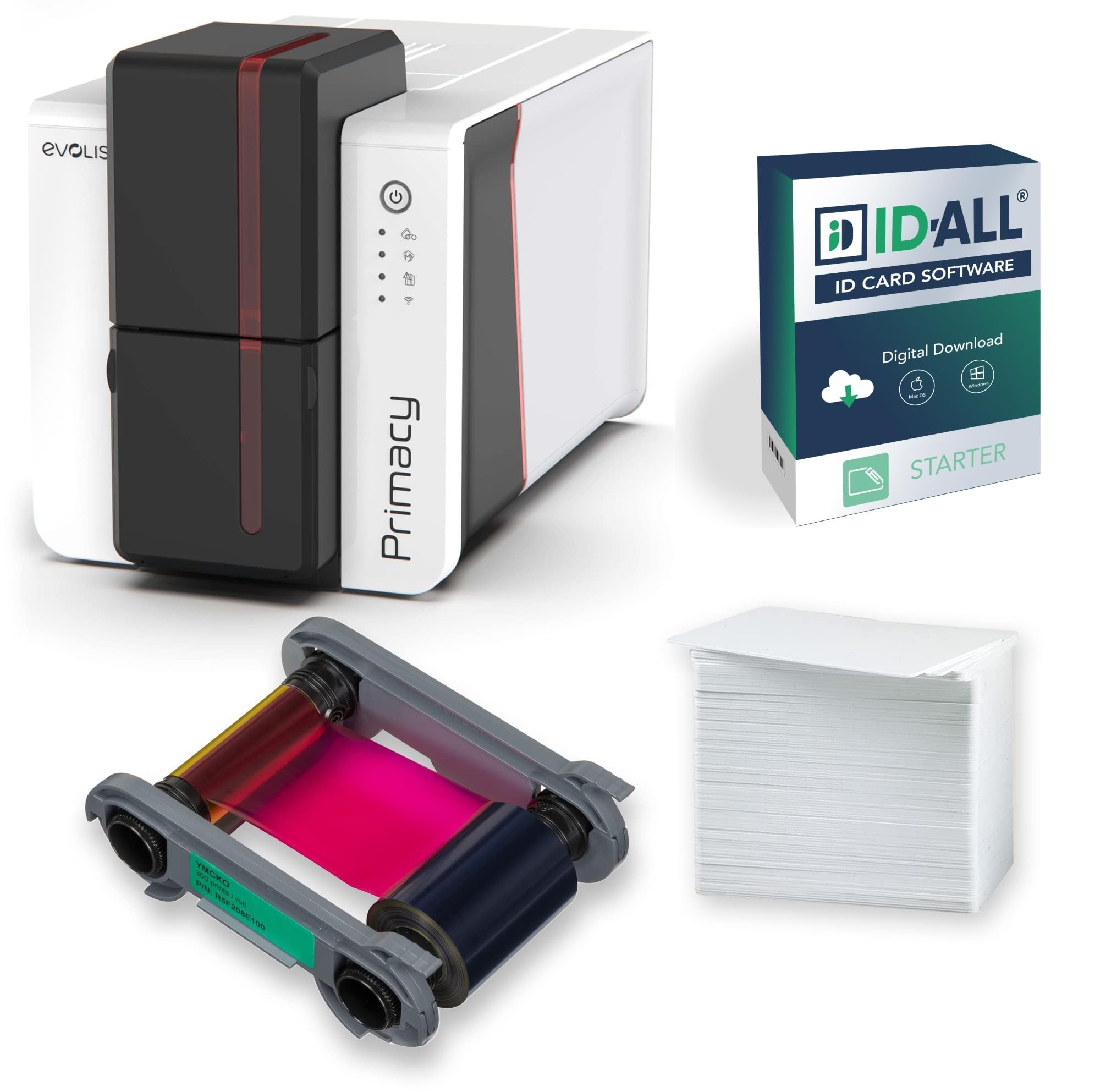 Evolis Primacy 2 Duplex mit YMCKO Farbband [ R5F202E100 ], IDALL Starter Software und 100 Plastikkarten Bundle