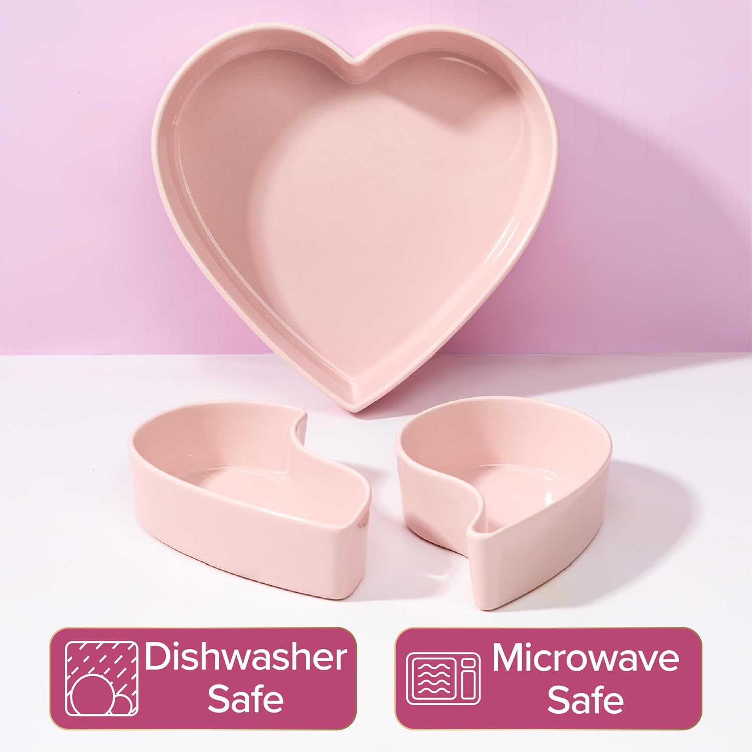 Paris Hilton Iconic Ceramic Stoneware Heart Serving Dish Set, Adorable 3-Piece Design with Two 1.5 Cup Small Dishes and One 5 Cup Large Dish, Microwave & Dishwasher Safe, Pink