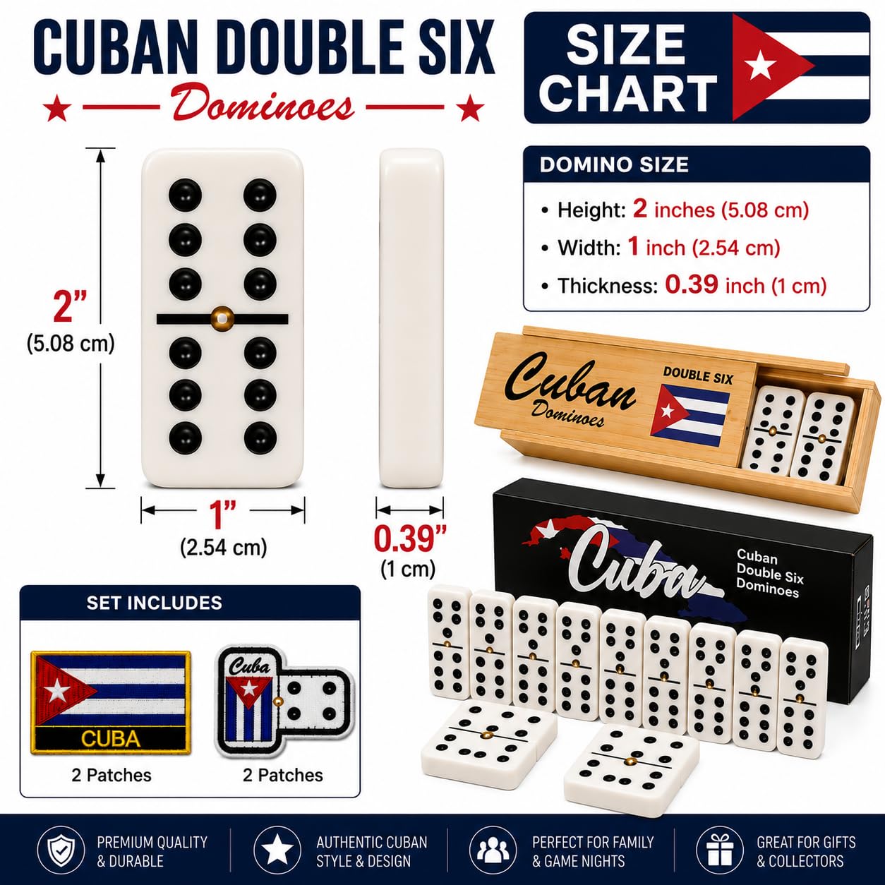 Dominó Doble Seis Estilo Cubano - 28 Azulejos Blancos Clásicos con Pips