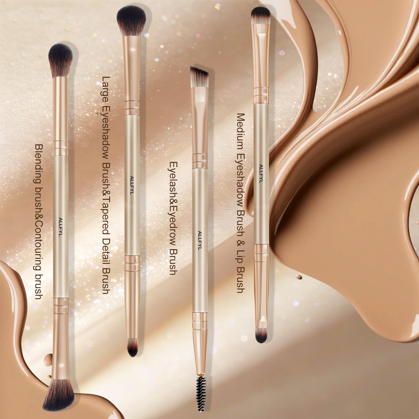 Set 6 Pennelli Doppi Trucco Professionali, Champagne, Pennello Fondotinta incluso, Pennelli Make Up per Viso Contour Occhi Labbra, Confezione Regalo da Viaggio per Donne