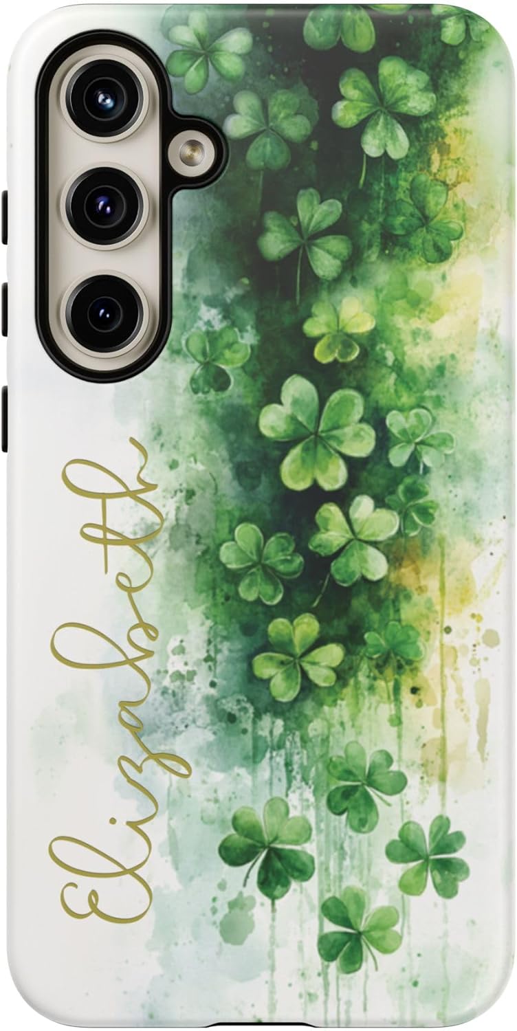 Watercolor Inspired Shamrocks Tough Case for Select Samsung Galaxy Models | St. Patrick's Day Design with Custom Name (for Samsung Galaxy S24 Plus)
