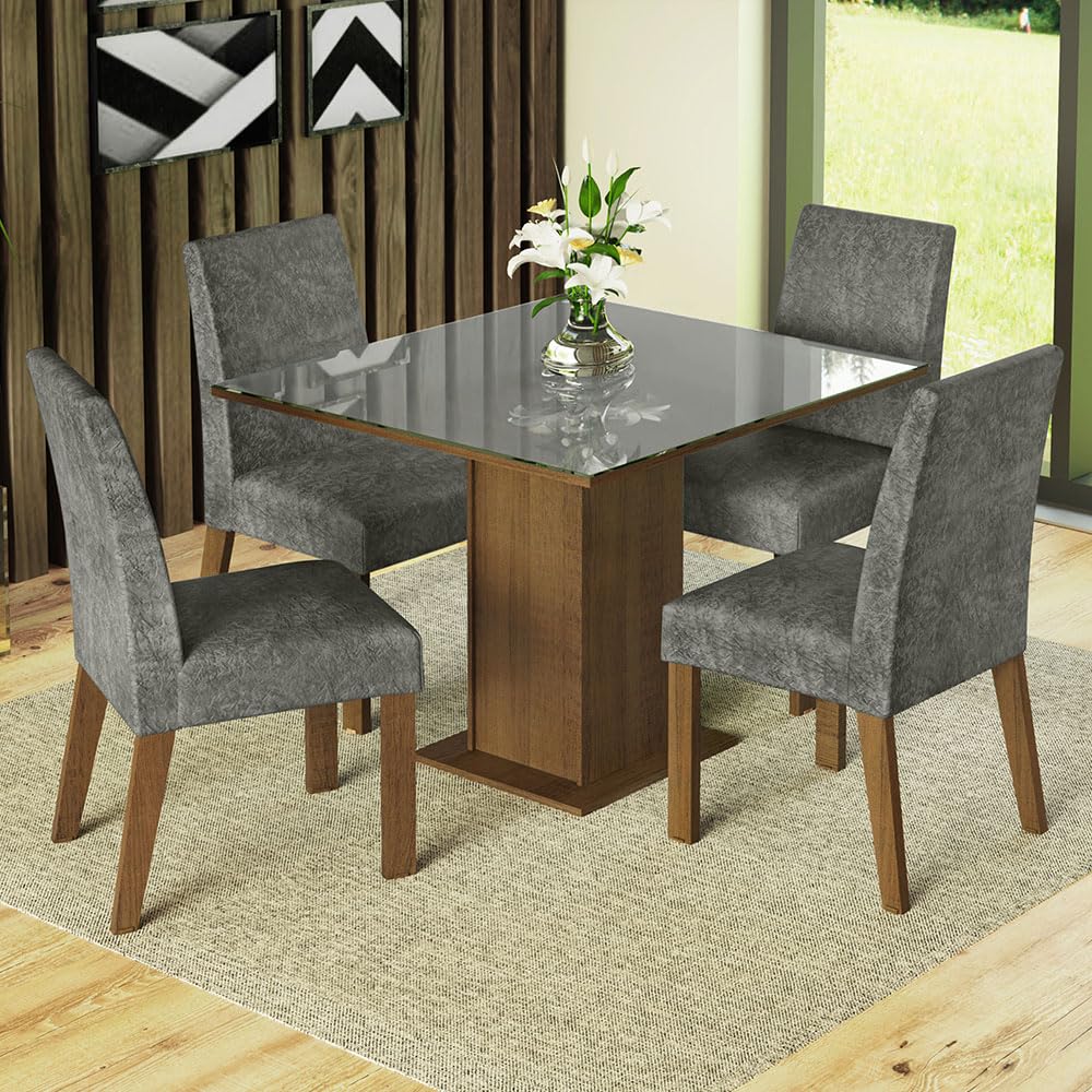 Madesa 4 Seater Dining Set with Fully Cushioned Square Table Top, Sturdy Wooden 90 Cm for Dining Room and Kitchen - Brown/Grey