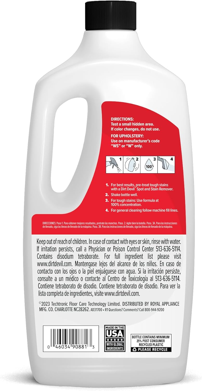 Back of Dirt Devil Pet Portable Spot Cleaner Solution bottle with usage directions and ingredients.