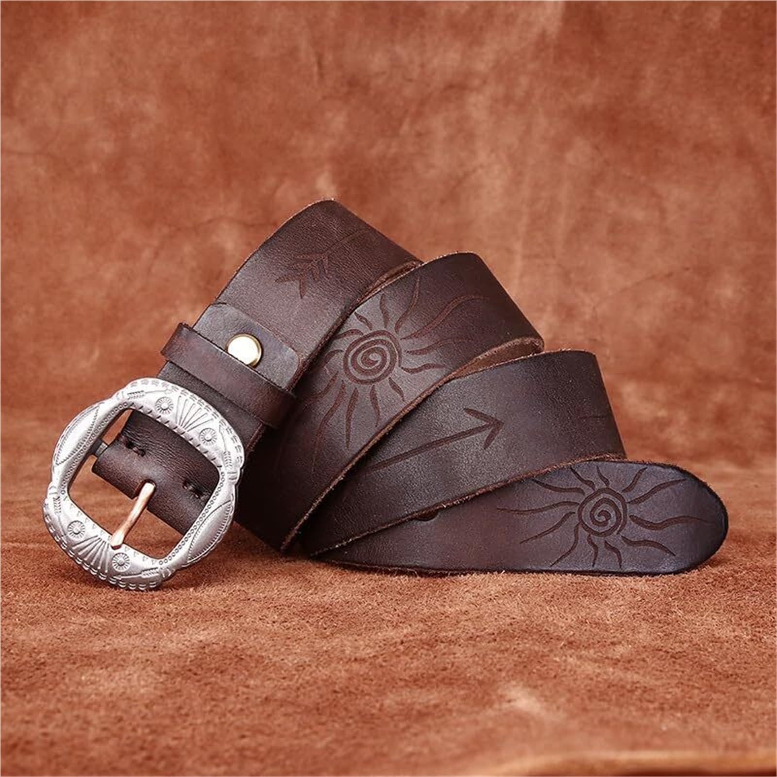 Cintura Da Uomo In Pelle Goffrata Vintage-western, Fibbia In Argento Anticato Con Motivo Floreale Inciso, Cinturino In Vita Effetto Invecchiato Country
