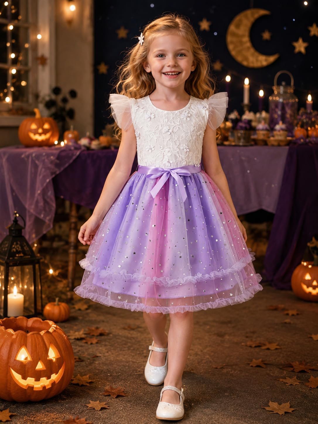 Girls Princess Dress, Kids Flutter Sleeve Lace Tulle V-Back Dress, Wedding Graduation Formal Birthday Party 3-10 Y