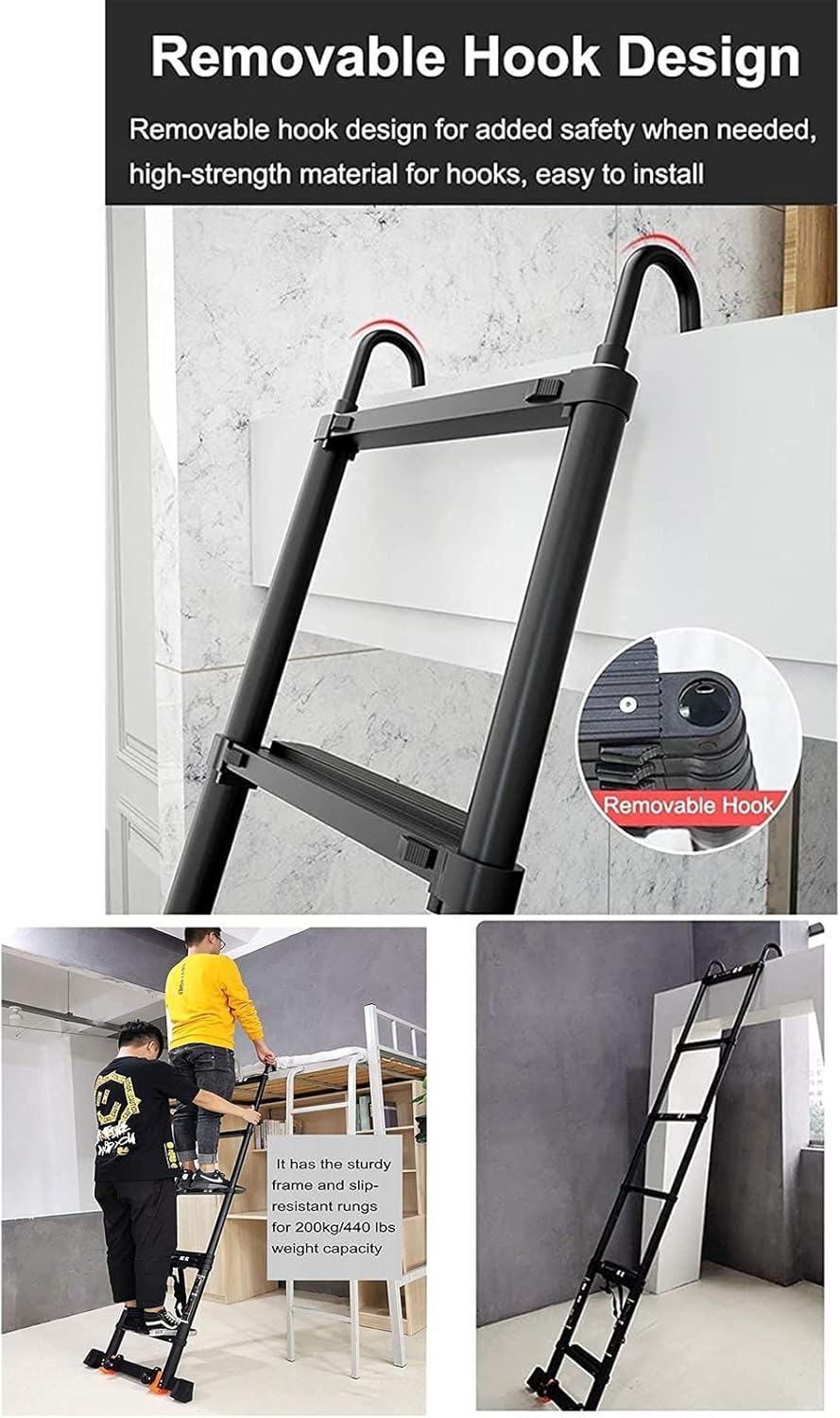 Ladders,6.3M/5.9M/5.5M/5.1M/4.7M/3.9M/3.5M/2.7M/2.3M Tallcopiladder with Hooks, Portable Aluminumladder,with Stabiliser Bar, for Rooftop Rv Attic Outdoor Indoor Use/Black/5.5M/18Ft