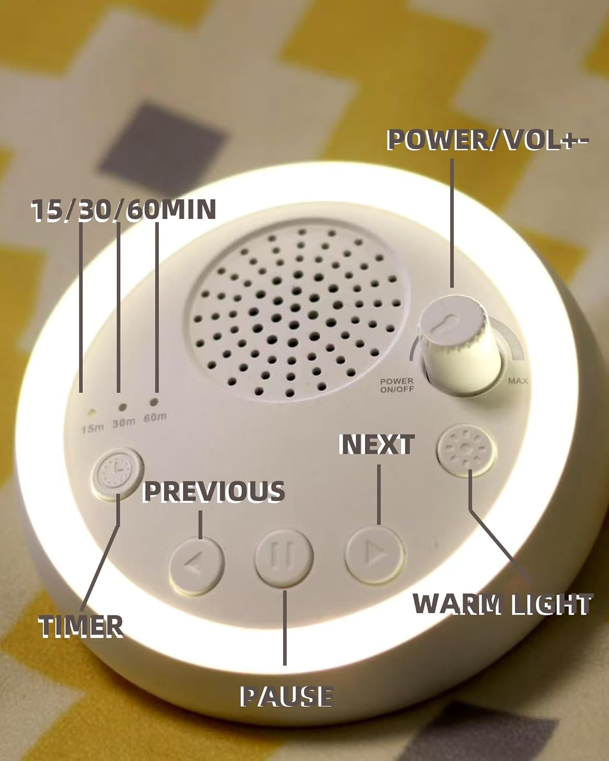 White Noise Machine with Guided Breathing Light - Cordless & Portable for Home, Travel, Baby and Adult Sleep