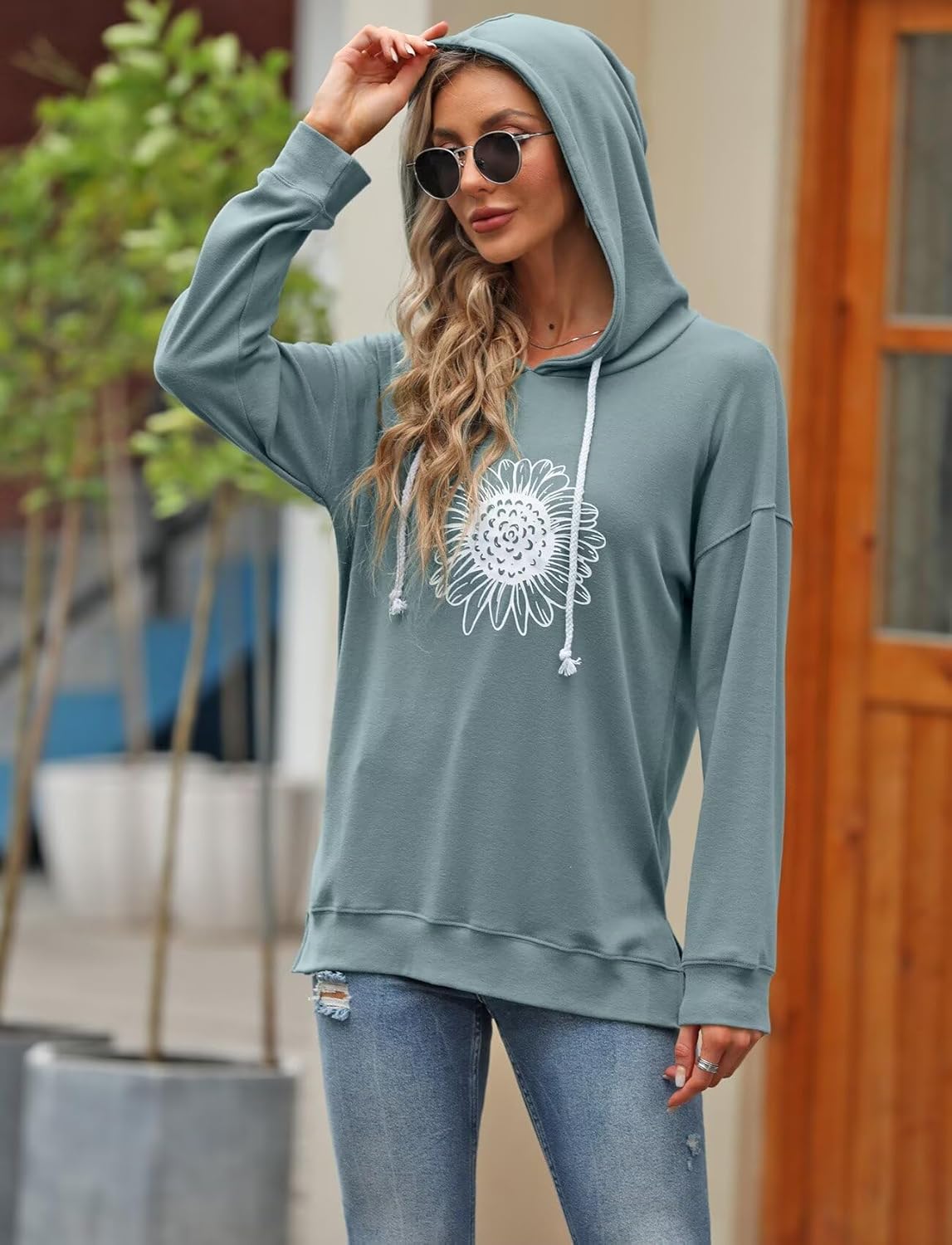 Women Sunflower Graphic Hoodies Long Sleeve Pullover Drawstring Sweatshirt Loose Fit Tunic Tops - Image 2