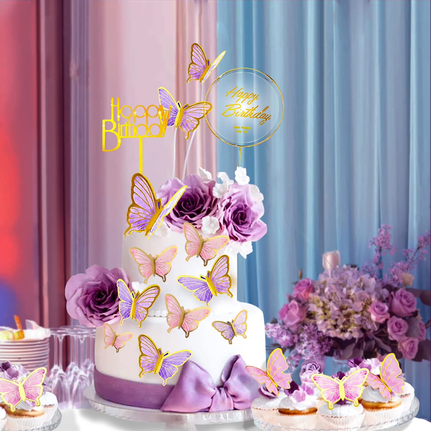 OWill 22 decorazioni per torta a forma di farfalla con scritta Happy Birthday, in acrilico, per baby shower, matrimoni, feste di compleanno (viola e rosa