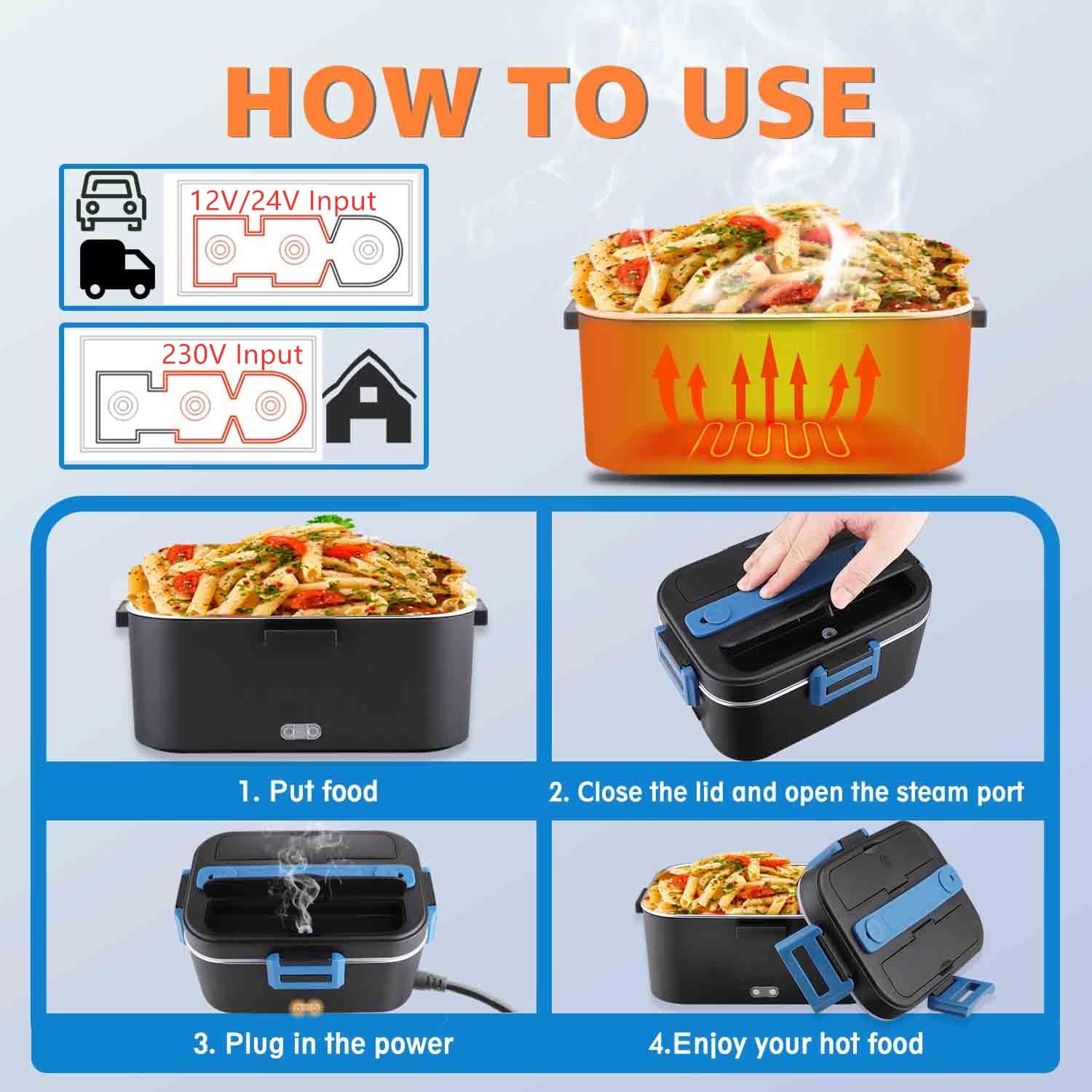 Fiambrera Eléctrica 100W Acero Inoxidable 1,8 L Taper Electrico para Comida 12V/24V/230V, Calentador de Comida para Coche/Camión/Oficina, bolsa comida Trabajo(1.8L-Azul)