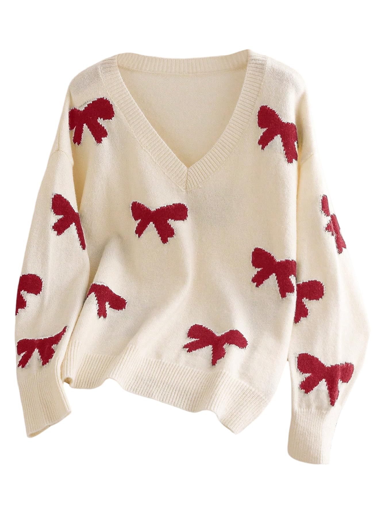 Floerns Womens Plus Size Bow Sweater V Neck Long Sleeve Knit Pullover Sweaters