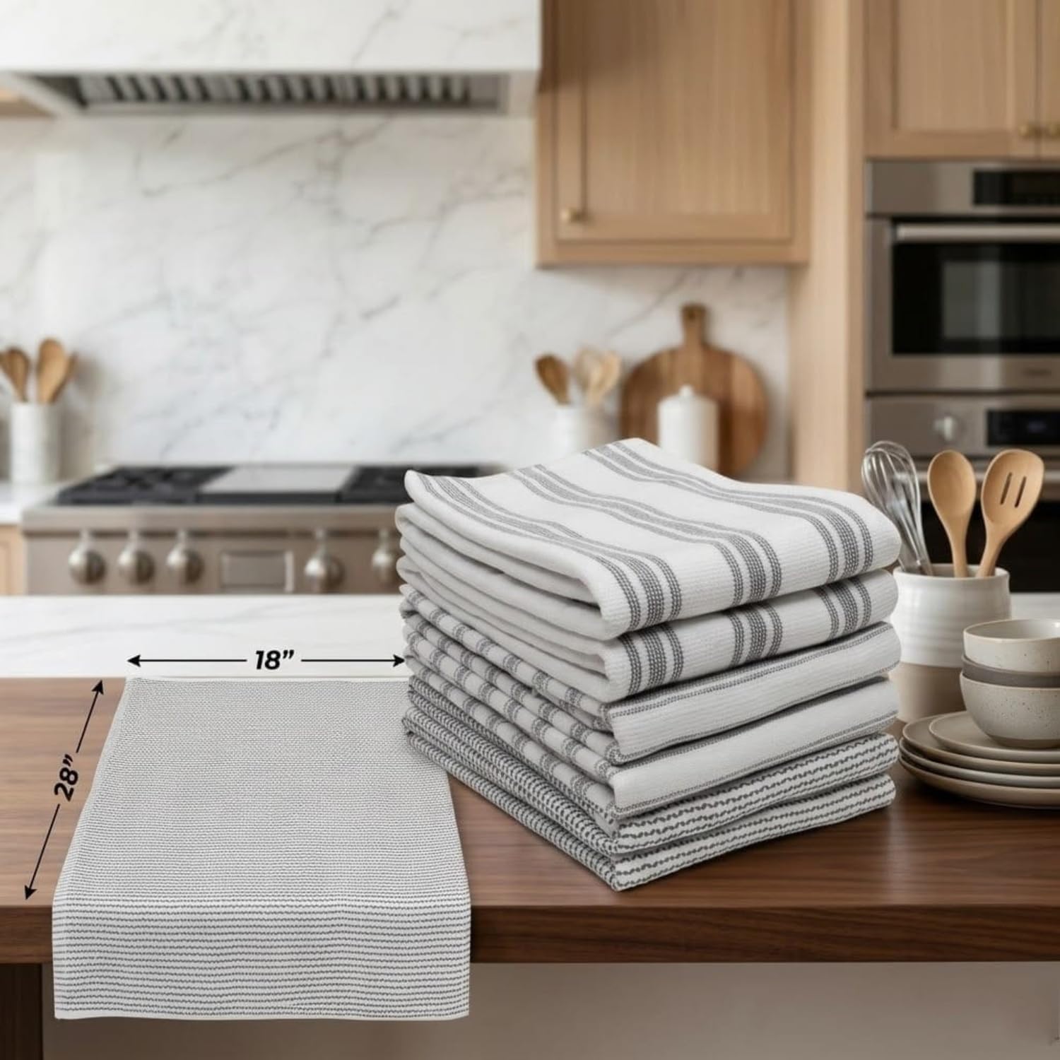 SYDR Premium Kitchen Towel (18”x 28”, 6 Pack), Cotton Kitchen Hand Towel, One Side Terry Dish Towel, Highly Absorbent Set with Hanging Loop, Grey