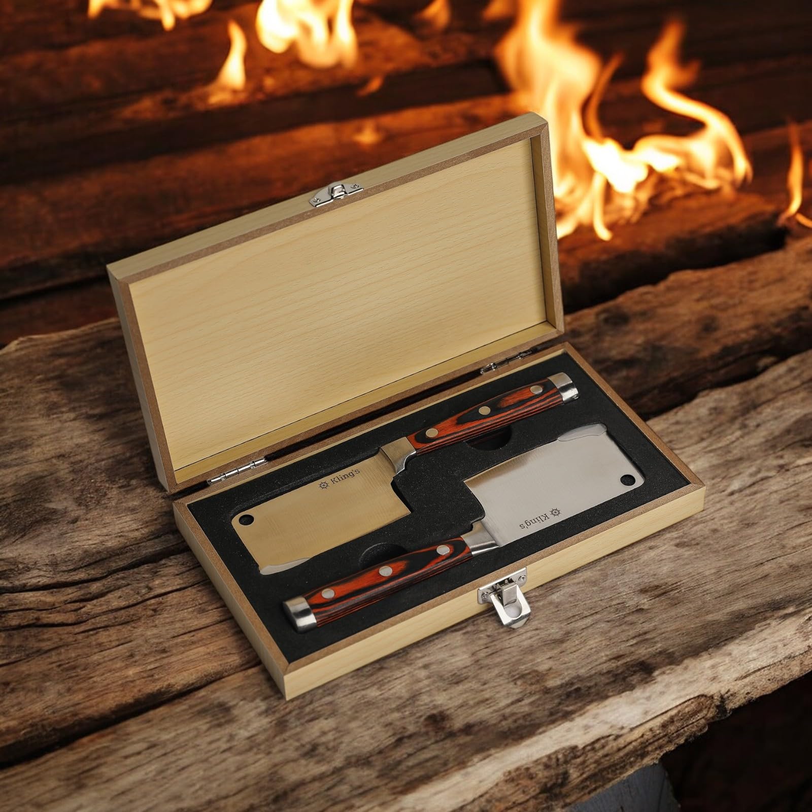 Kling's I Steakbesteck Set - Premium Grillbesteck Set, 2 Steakmesser Beil, Käsemesser, Steakmesser Set mit Holzgriff aus Pakkaholz, Glatt Geschliffene Klinge aus deutschem Messerstahl