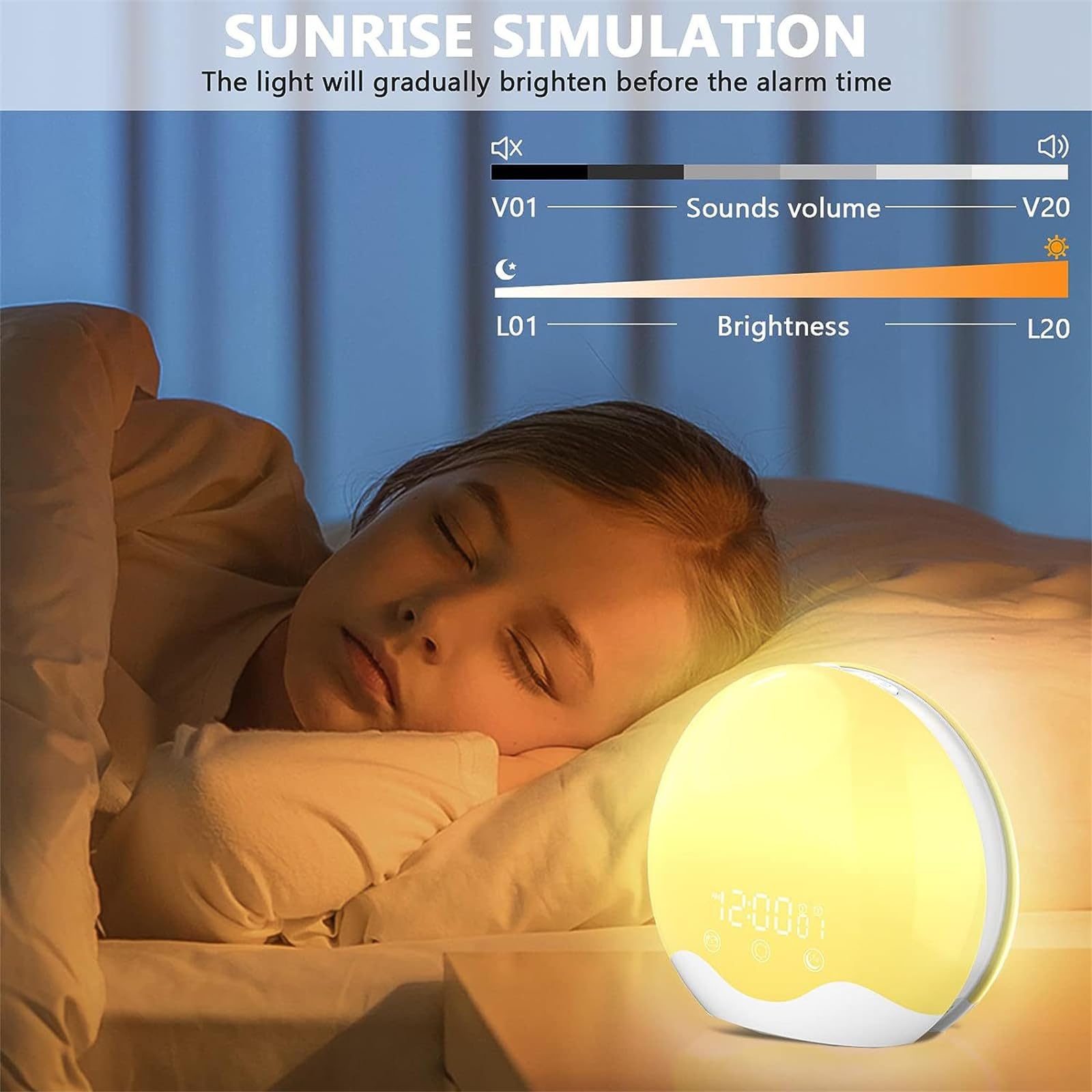 Despertador Digital LED con función de Amanecer, Control táctil, 6 Sonidos Naturales y 12 Efectos de iluminación degradados, lámpara de Noche