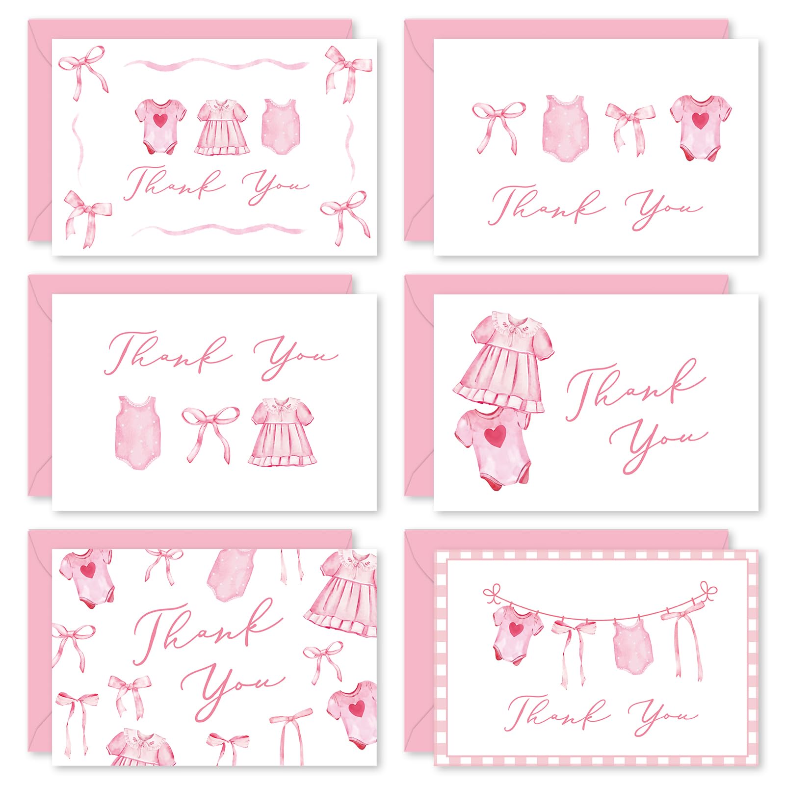 FYSUIMU 36 Pack Pink Bow Baby Shower Thank You Card Cute Bow Baby Cloth Greeting Cards with Envelopes Stickers Blank Note Cards for Girl Birthday, 4 x