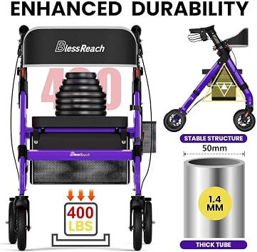 BlessReach Foldable Heavy-Duty Rollator Walker with Seat for Seniors,Purple