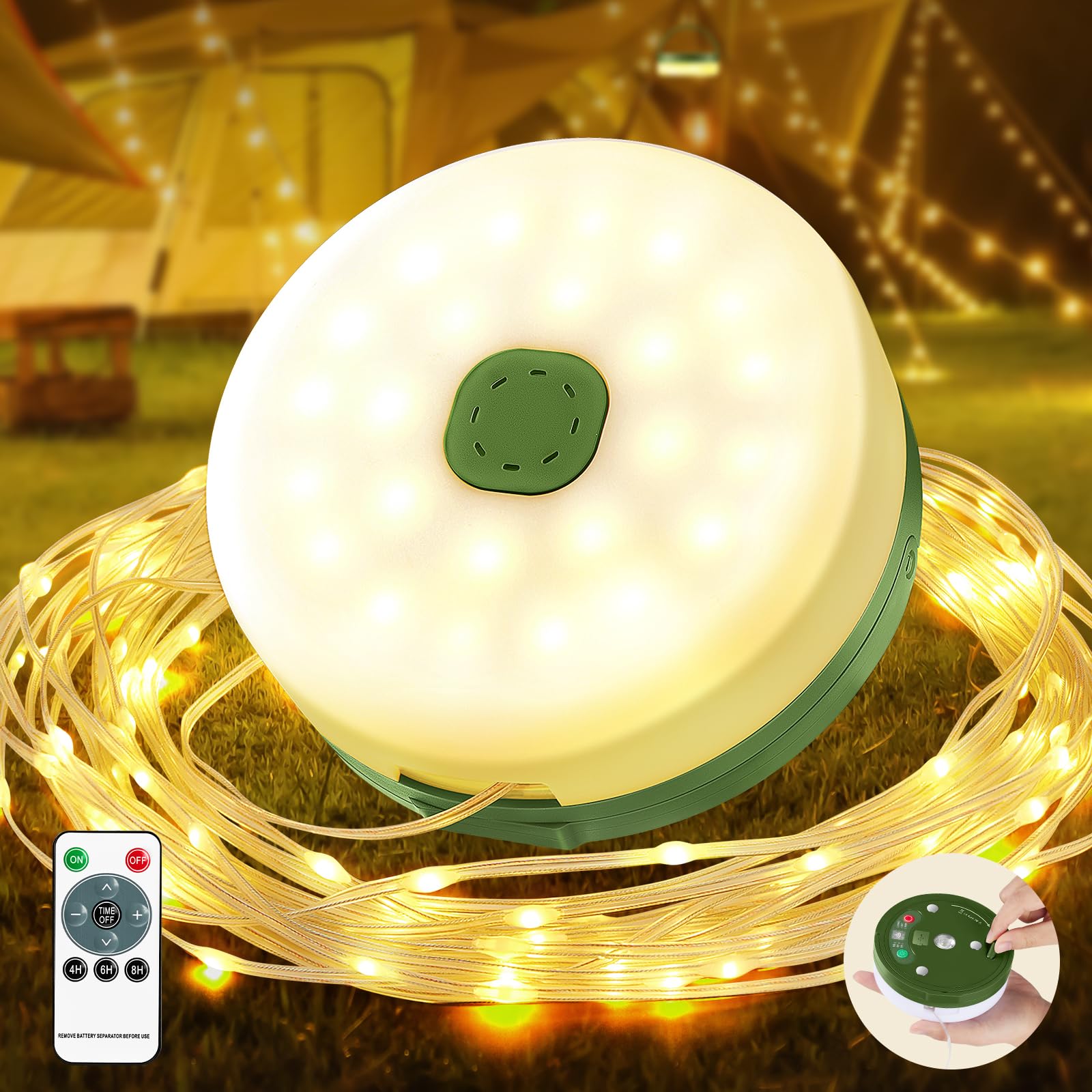 Camping Lichterkette Aufrollbar 10M 100 LEDs Wasserdicht Tragbar Vielseitig Outdoor Lichterkette mit 9 Beleuchtungsmodi USB Aufladung 2500mAh für Camping Garten