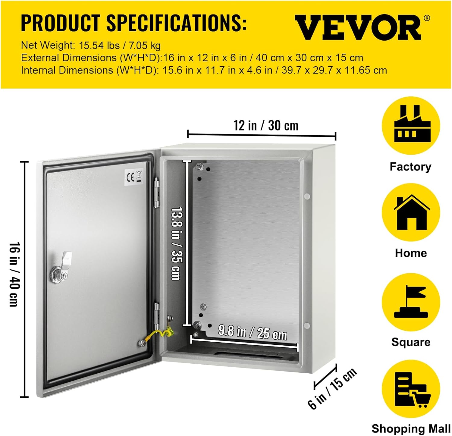 VEVOR Electrical Enclosure Box, 16'' ×12'' ×6'', Carbon Steel Hinged Junction Box, IP66 Waterproof & Dustproof, Outdoor Electrical Box, with Mounting Plate