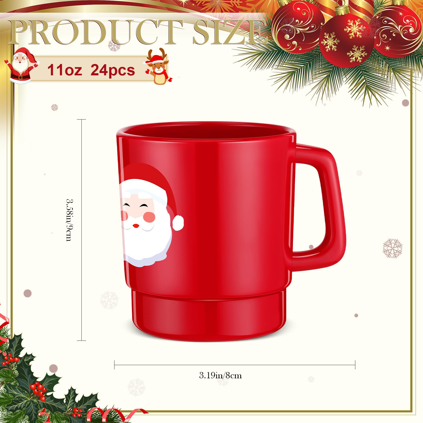 Sliner Lot de 24 tasses à café en plastique pour Noël, motif visage de Père Noël, 325 ml, cadeaux saisonniers pour Noël, décoration de fête, chocolat chaud