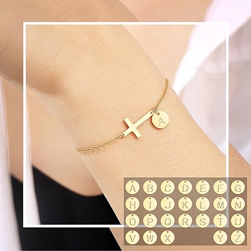 Miniatura 4 de Pulsera de cruz para mujer, delicada pulsera de cruz con iniciales, pulseras de cadena de eslabones dorados, regalos cristianos para mujeres,