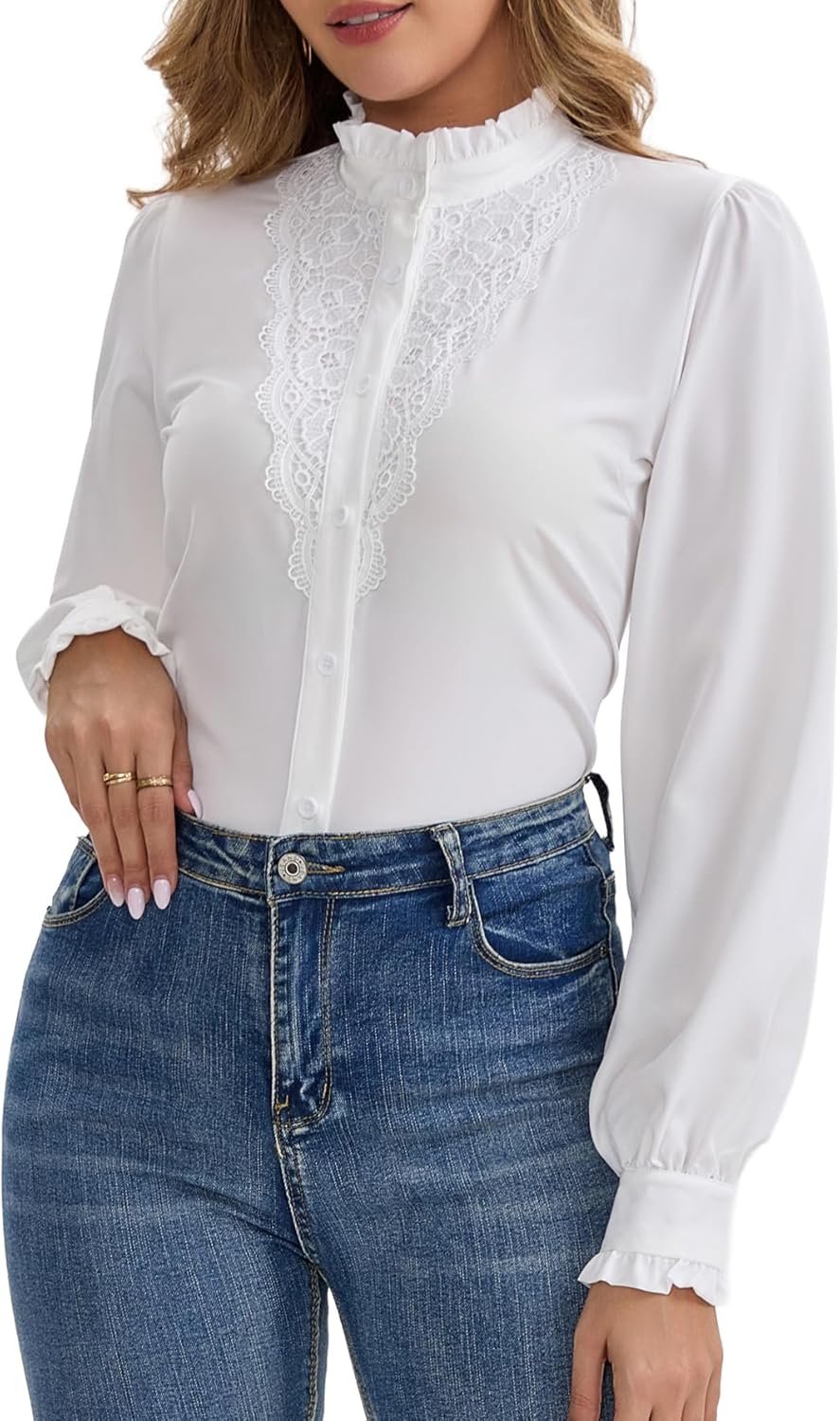 Women's Lace Crochet Mock Neck Long Sleeve Button Down Elegant Blouse Shirt Fall Tops White Medium - Image 4