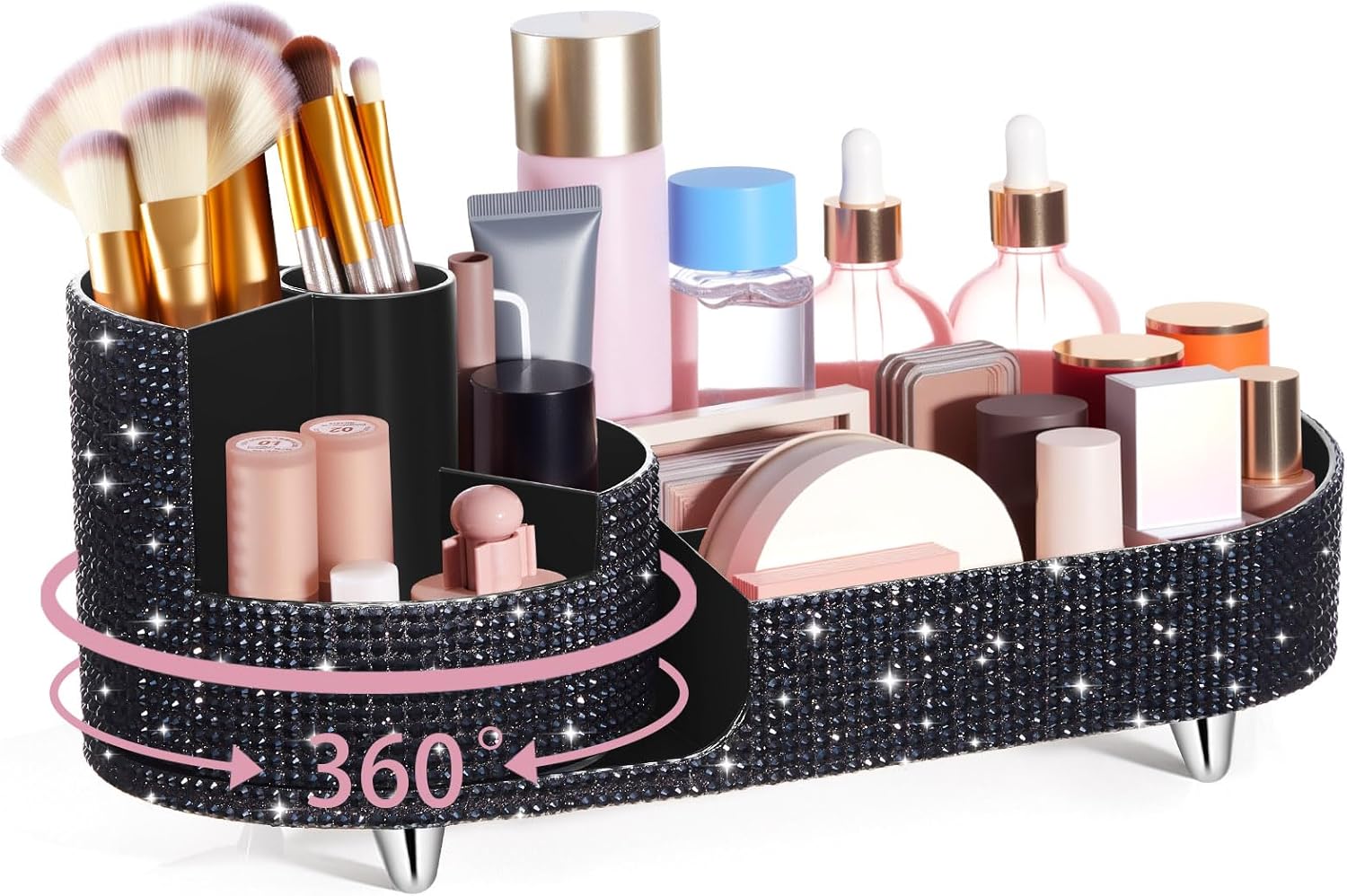 Teen Girls Mother's Day 360 Rotating Bling Makeup Organizer Gift Rhinestone Diamond Bathroom Organizer Girly Skin Care Brush Holder for Countertop, Bathroom Essentials(Black,Rhinestone)
