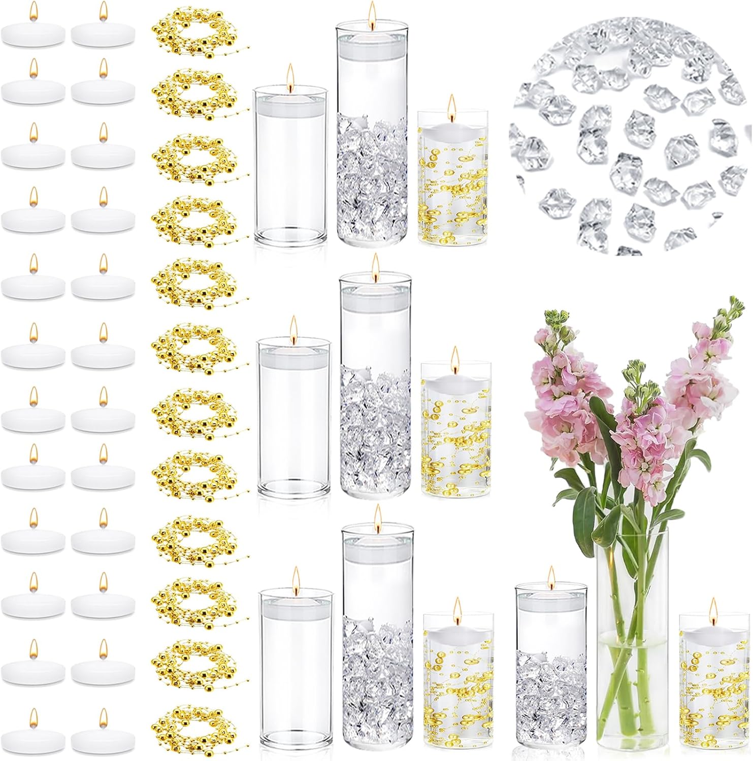 12 PCS Glass Vases for Centerpieces with 24 PCS Floating Candles 12 Pearl Strings and 400 Fake Ice Floating Candle Holder Cylinder Vases for Wedding Home Table Decorations
