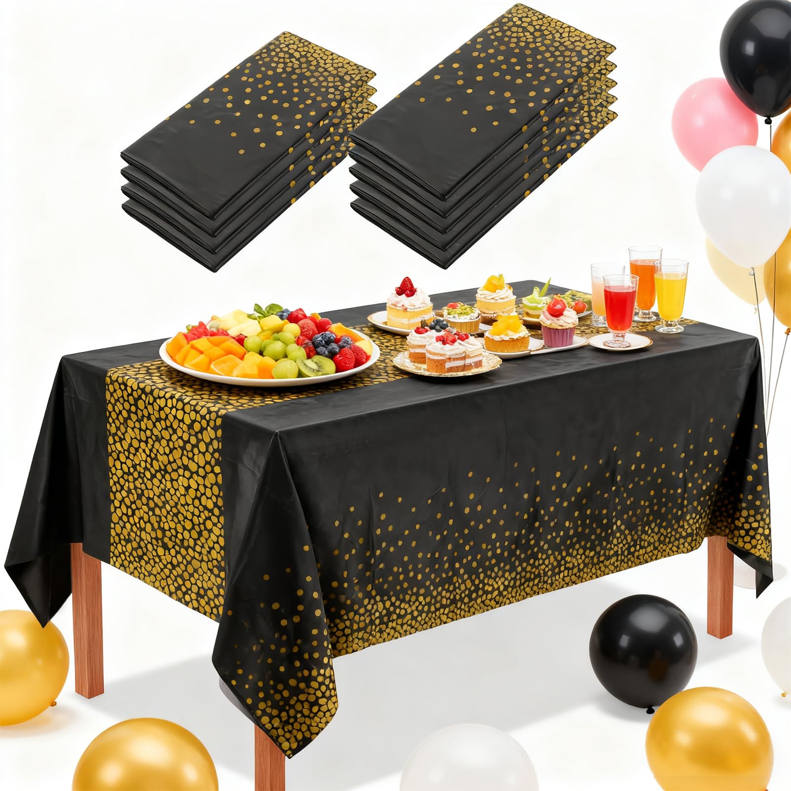 10 Pack Black Gold Dot Tablecloths, 54 x 108 Inch Plastic Party Table Cover