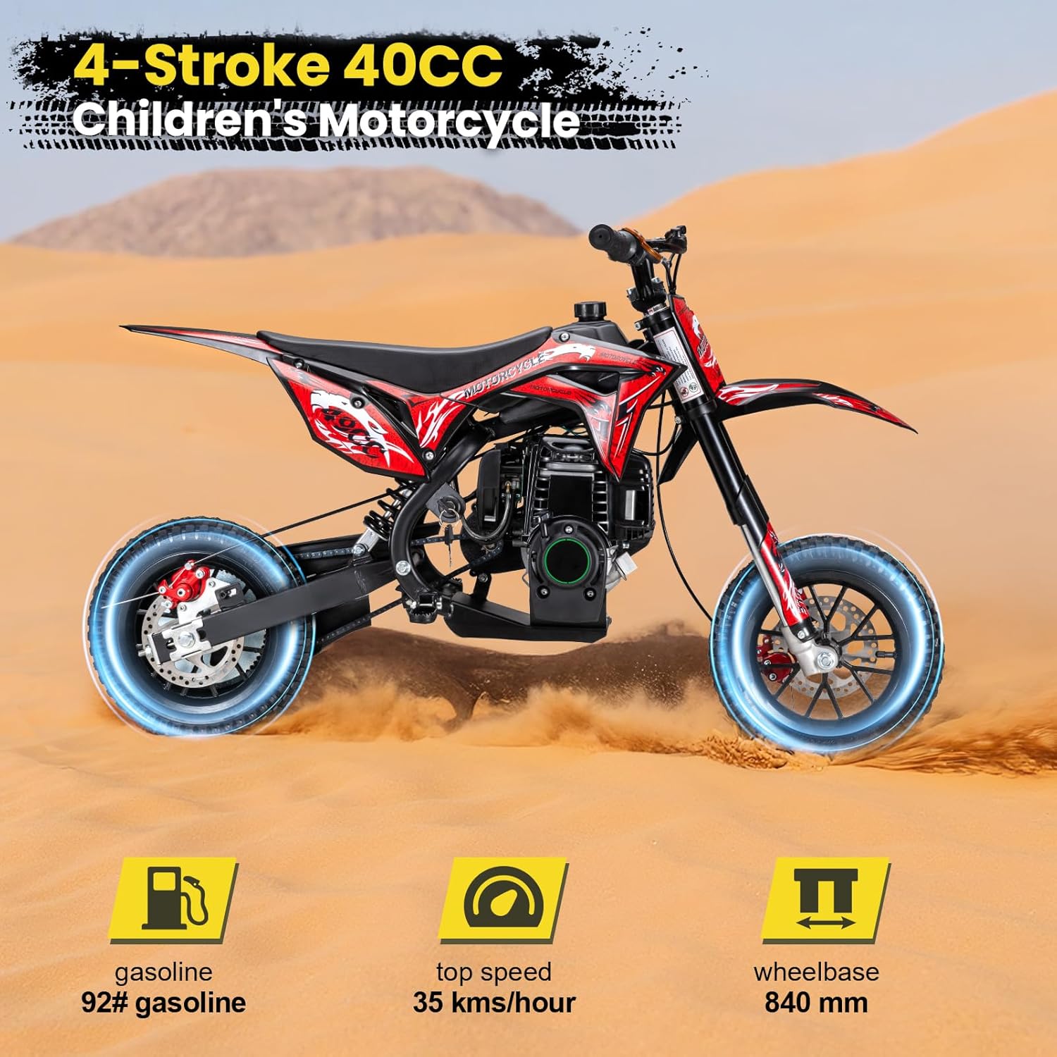 Gas Powered Mini Dirt Bike for Kids Boys & Girls, 40CC 4-Stroke Youth Motorcycle, Small Off-Road Motor Bike with Shock Absorption, 35KM/H Pocket Rocket Bike