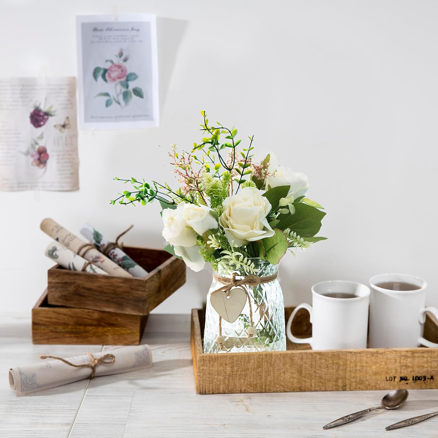 Artificial Flowers with Vase, Faux Silk Roses in Vase, Fake Plant Eucalyptus Flower Arrangement for Office Home Farmhouse Bathroom Dining Table Centerpiece Decorations Coffee Table Decor - Image 5