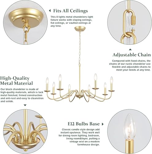 Miniatura 5 de ADSENSTY Candelabro dorado de 8 luces moderna de granja para comedor, accesorios de iluminación rústica, lámpara colgante para sala de estar,